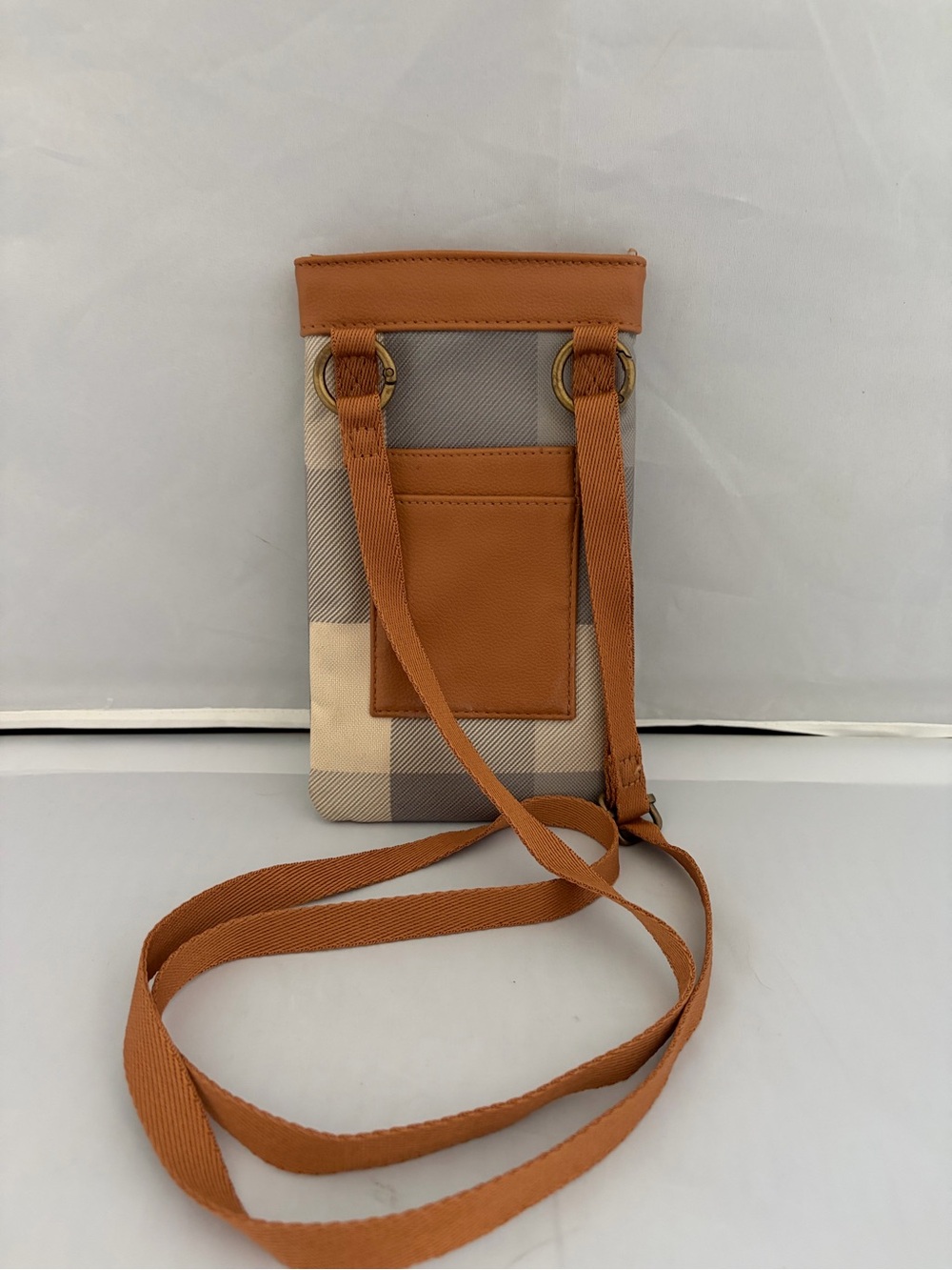 Thirty One Plaid Crossbody Phone Wallet Pouch light brown, gray & cream